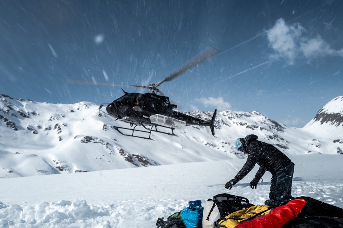 Helicopter over the mountains on an Odlo shoot